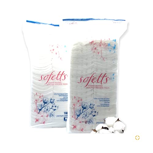 SOFETTS Premium Cotton Square Pads, Re-closable Bag, 160 Counts