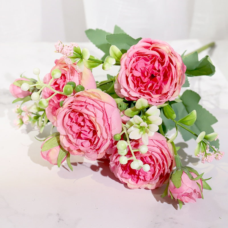 Pink Silk Peony Artificial Flowers Rose Wedding Home DIY Decor High Quality Big Bouquet Foam Accessories Craft White Fake Flower