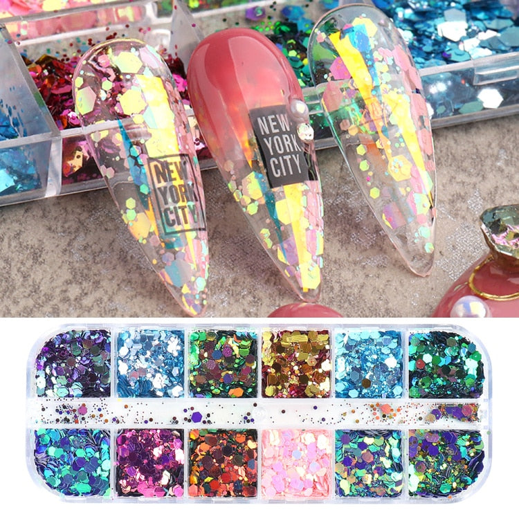 Iridescent Mixed Hexagon Nail Glitter Sequins Holo Flakes Nail Art