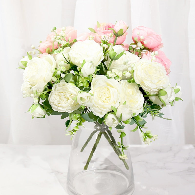 Pink Silk Peony Artificial Flowers Rose Wedding Home DIY Decor High Quality Big Bouquet Foam Accessories Craft White Fake Flower