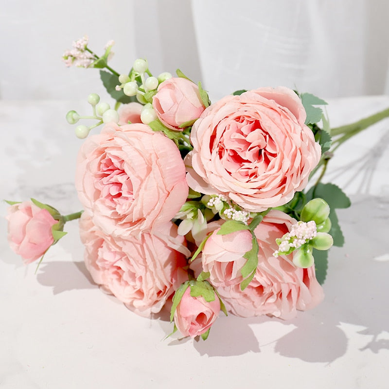 Pink Silk Peony Artificial Flowers Rose Wedding Home DIY Decor High Quality Big Bouquet Foam Accessories Craft White Fake Flower