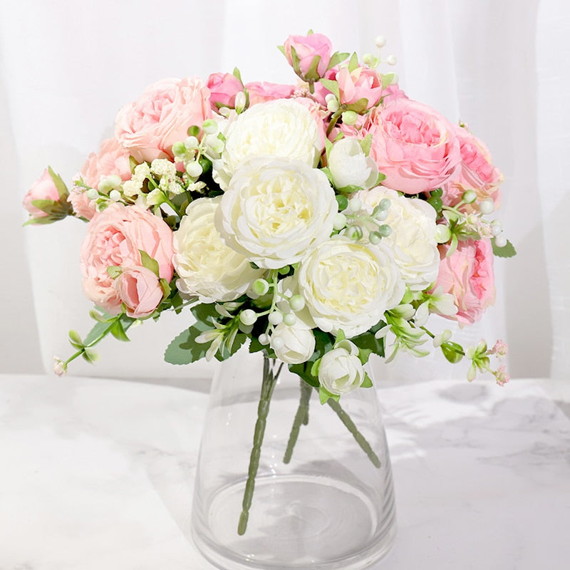 Pink Silk Peony Artificial Flowers Rose Wedding Home DIY Decor High Quality Big Bouquet Foam Accessories Craft White Fake Flower