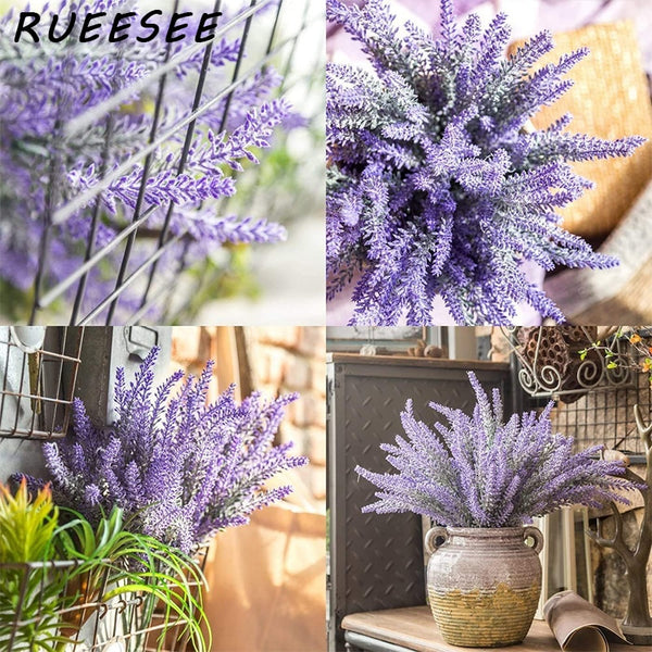 Artificial Flowers Flocked Plastic Lavender Bundle Fake Plants Wedding Bridle Bouquet Indoor Outdoor Home Kitchen Office Table